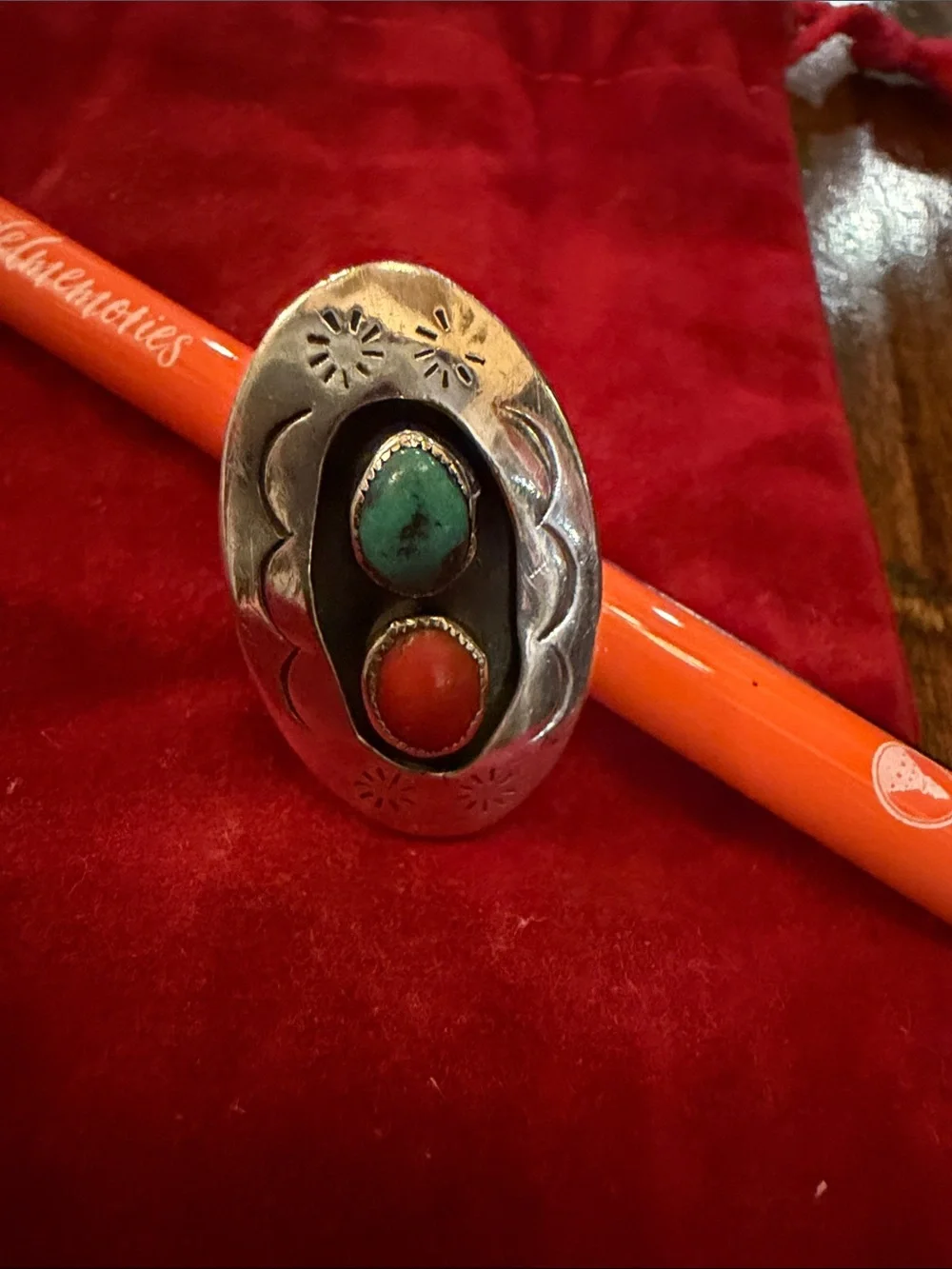 Sterling Oval Statement Ring with Genuine Red Coral and Turquoise Stones Sz 7